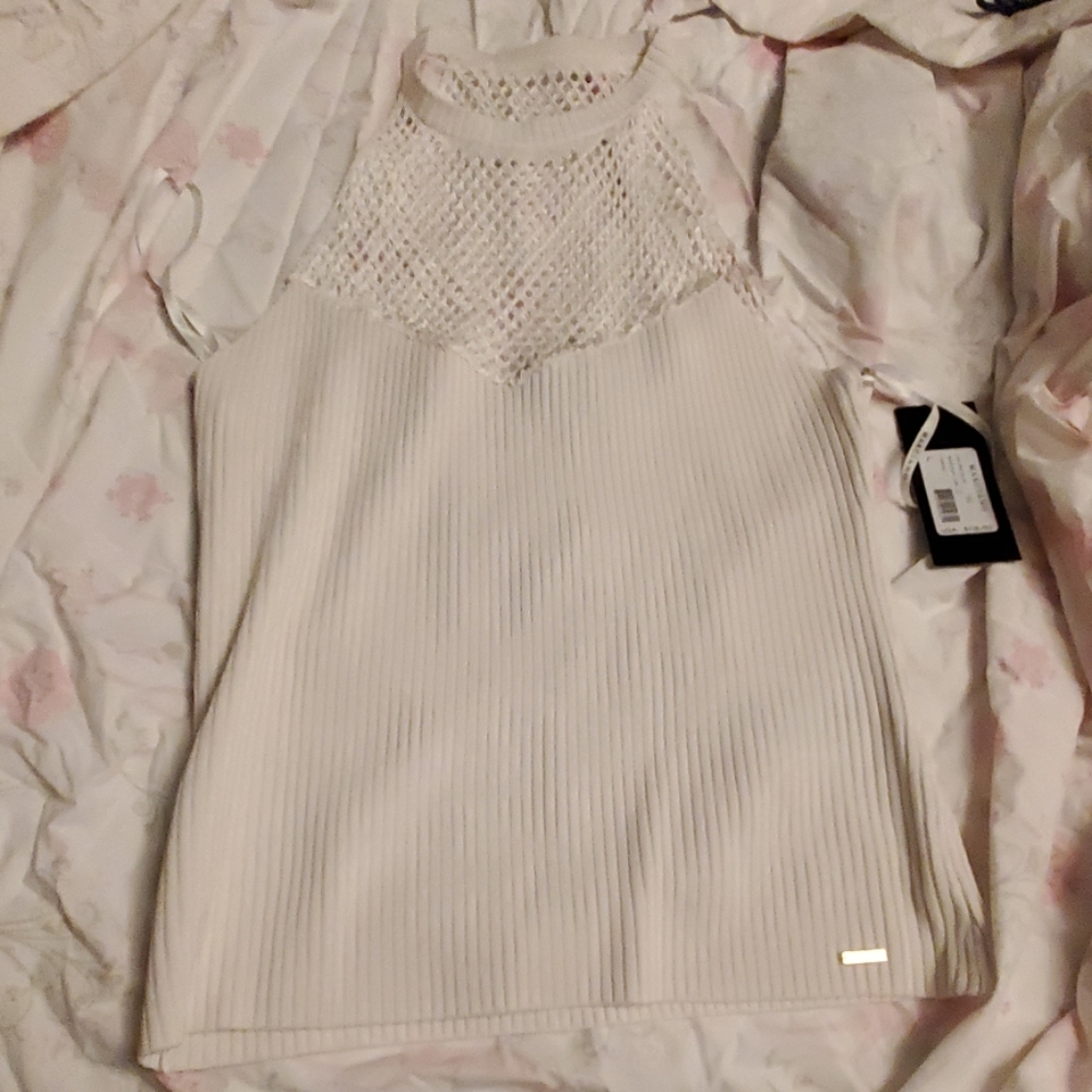 Marciano mock neck crocheted top